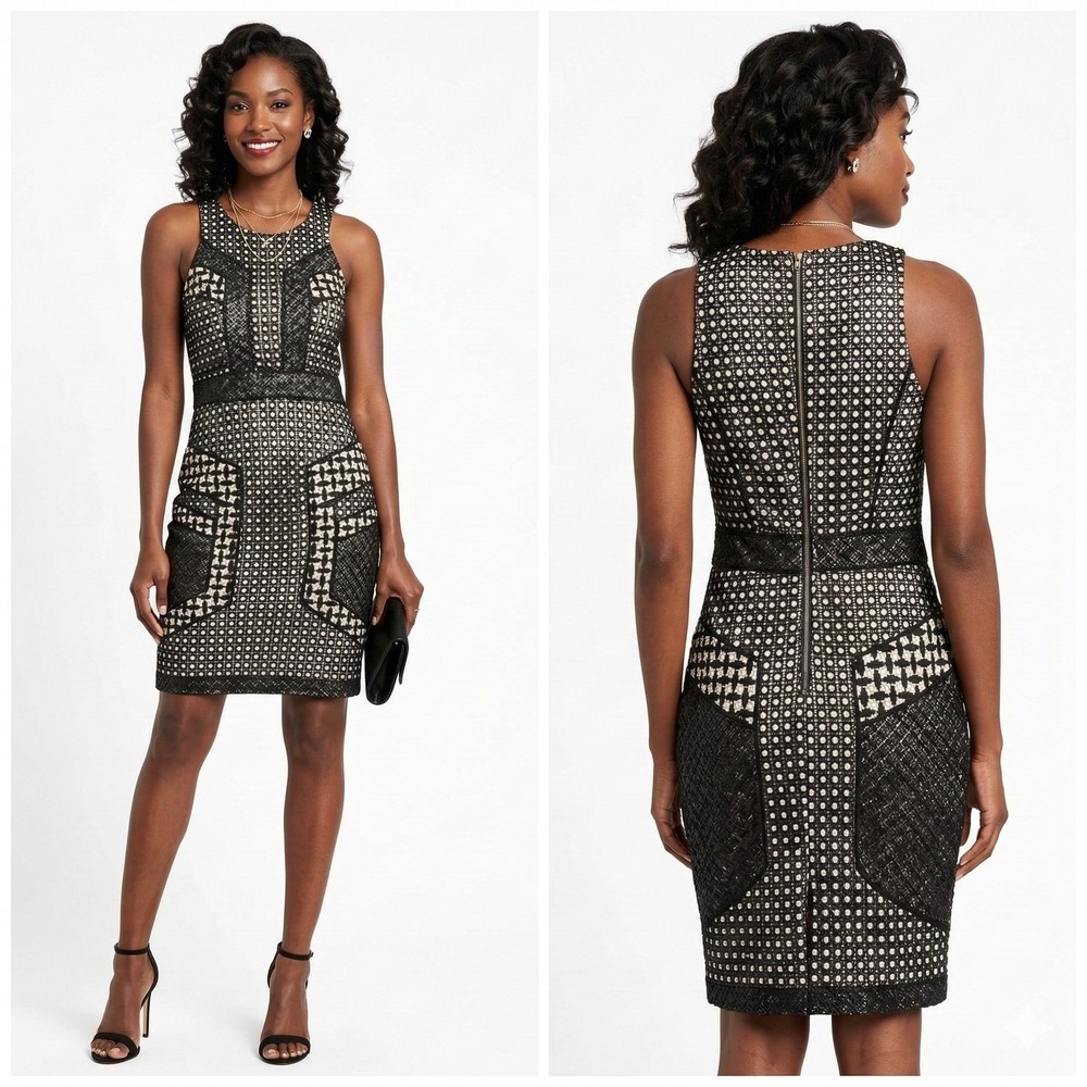 Gianni Bini Crochet Date Night Mini Dress Black Cream Geometric Sleeveless Sz S
